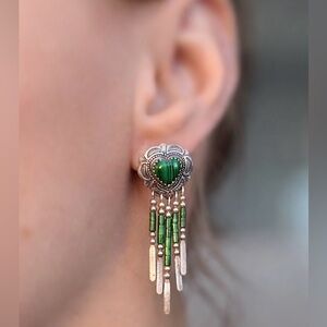 Vintage 925 Sterling Silver Malachite Heart Fringe Dangle Earrings Native Navajo